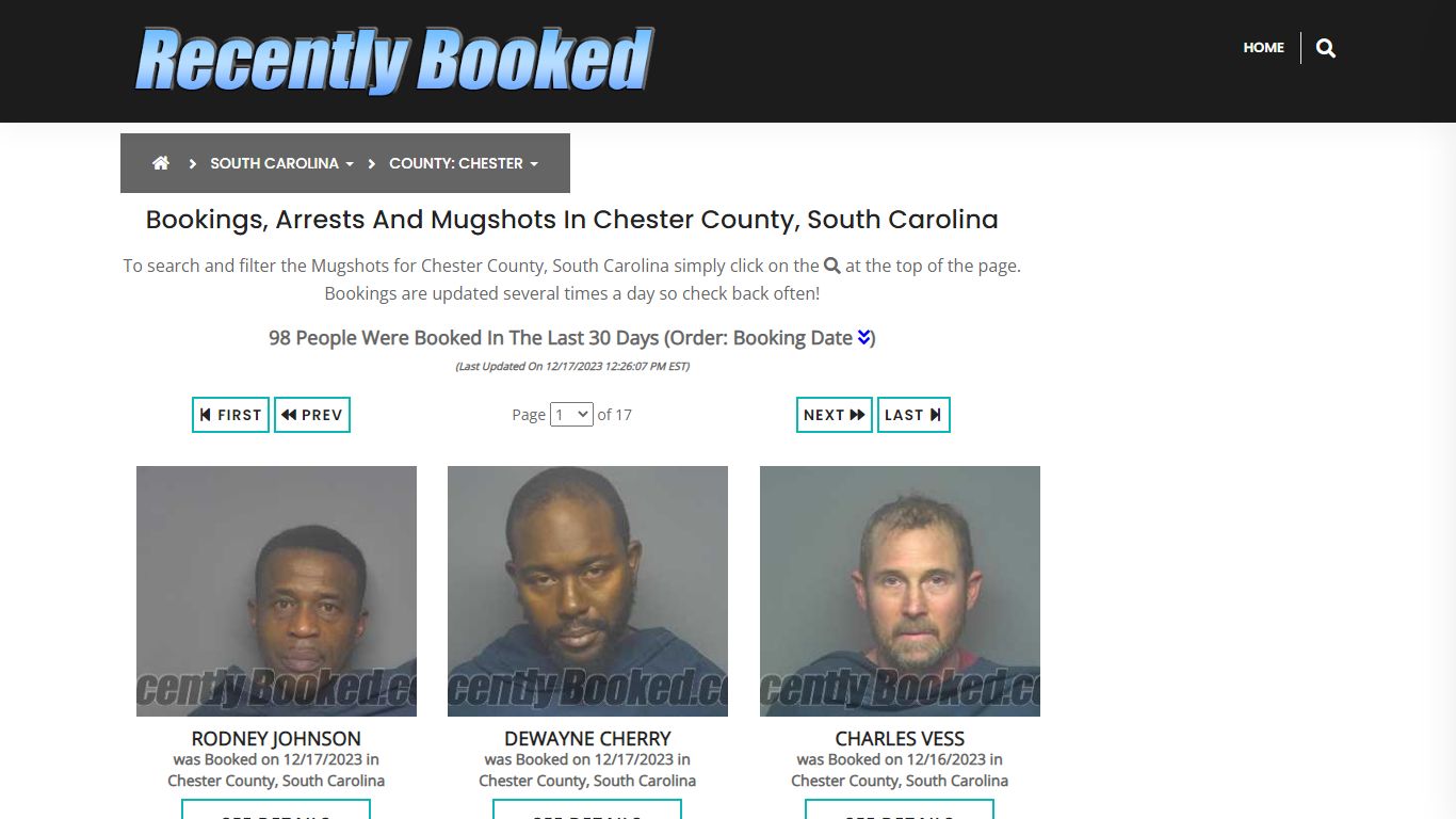 Bookings, Arrests and Mugshots in Chester County, South Carolina